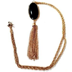 Vintage Black Oval Bead Necklace Tassel Pendant Antiqued Gold Tone 24" Chain